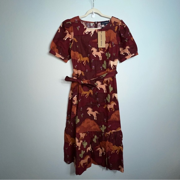 Princess Highway Country Roam Take Me Home Horse Midi Dress Brown AU 8 US 4 West - Picture 2 of 16